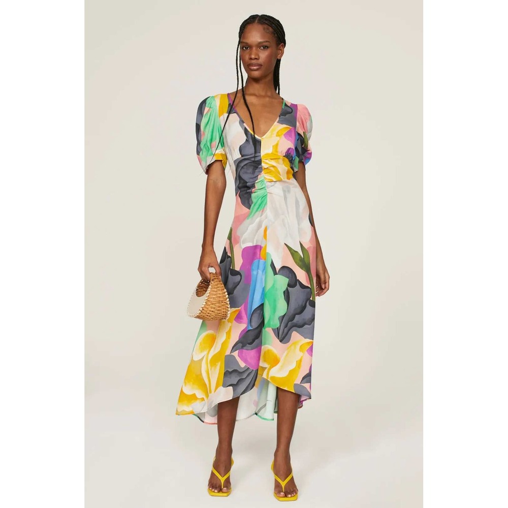 Untitled in Motion Anoita Dress Abstract Floral Midi Ruched Women Sz S
